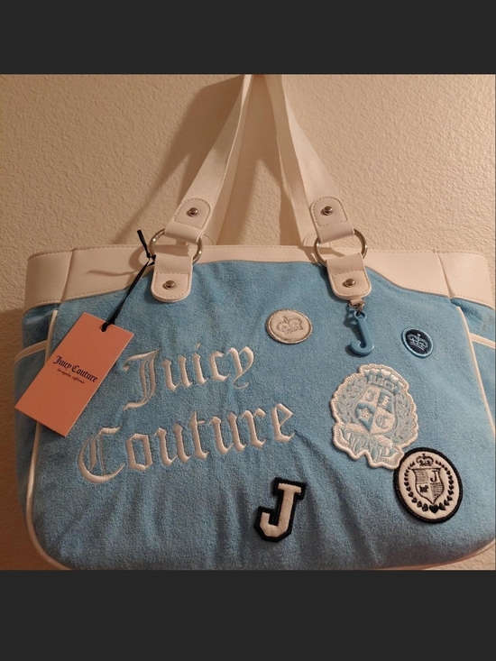 Juicy Couture Handbags - Juicy Couture Light Blue Tote with White Trim and Embroidered Patches